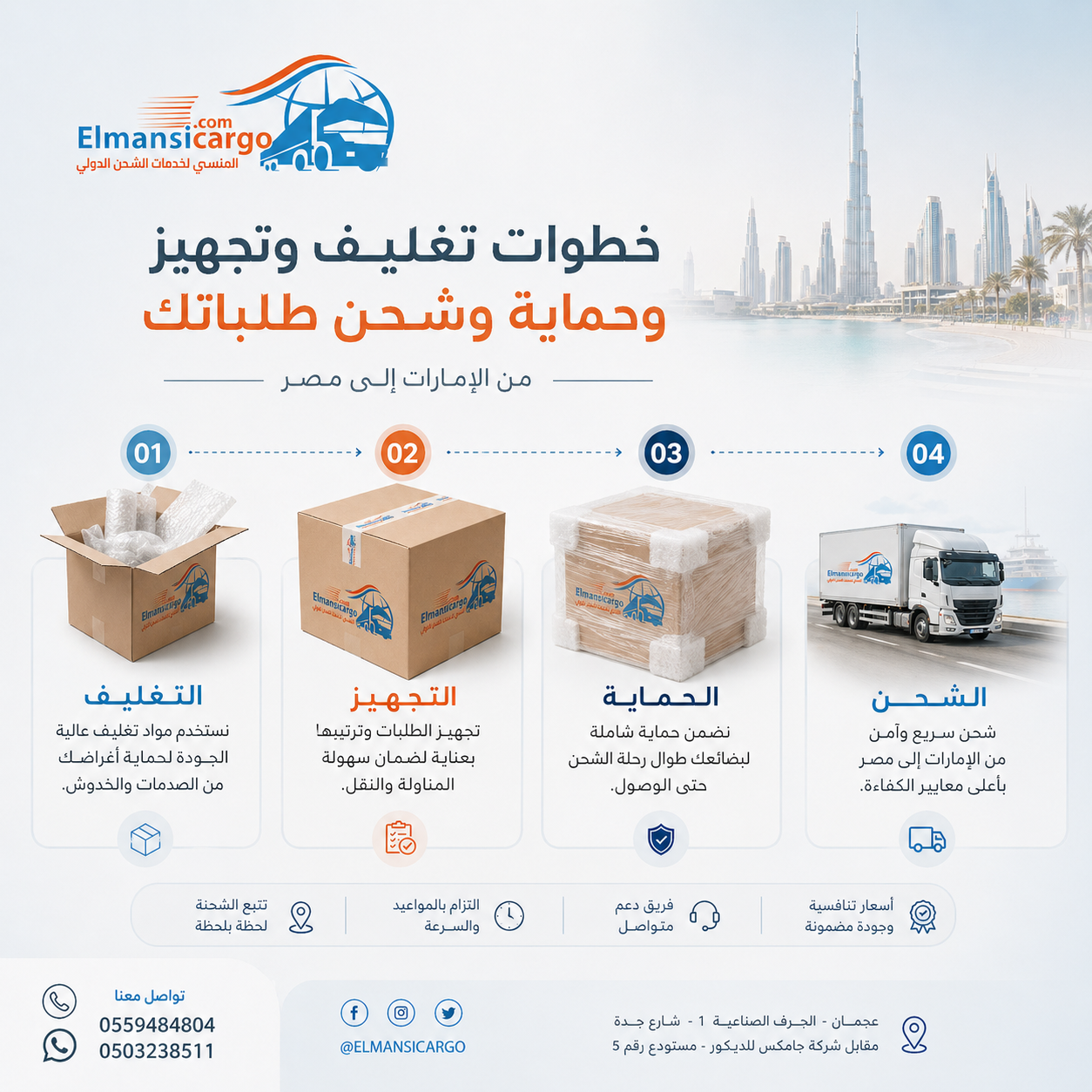 خدمات شركة المنسي للشحن البري والبحري والجوي والتخليص الجمركي من الباب إلى الباب